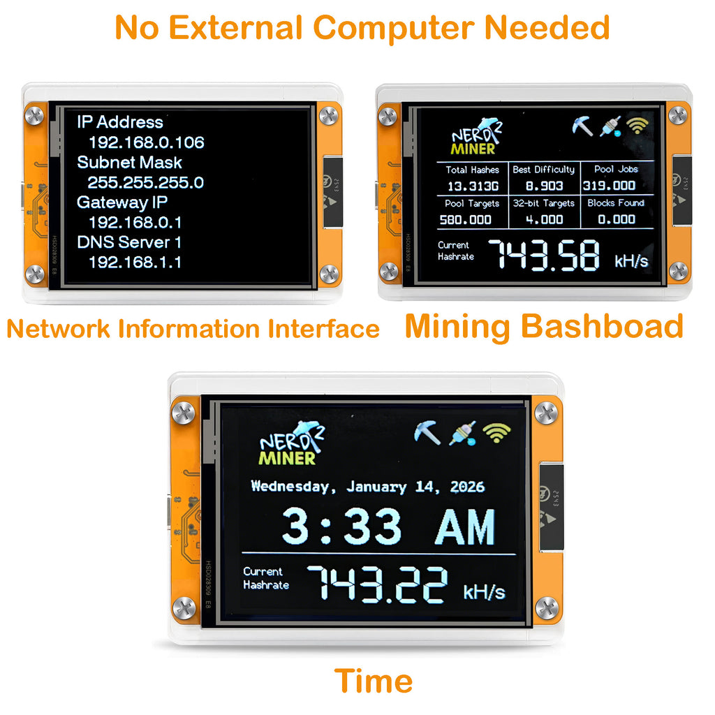 Bitcoin Miner NerdMiner V2 Solo Lottery Miner 740KH/s Hashrate with 2.8" Touchscreen Display ESP32 Development Board USB Plug and Play Crypto BTC Mining Machine - Yellow