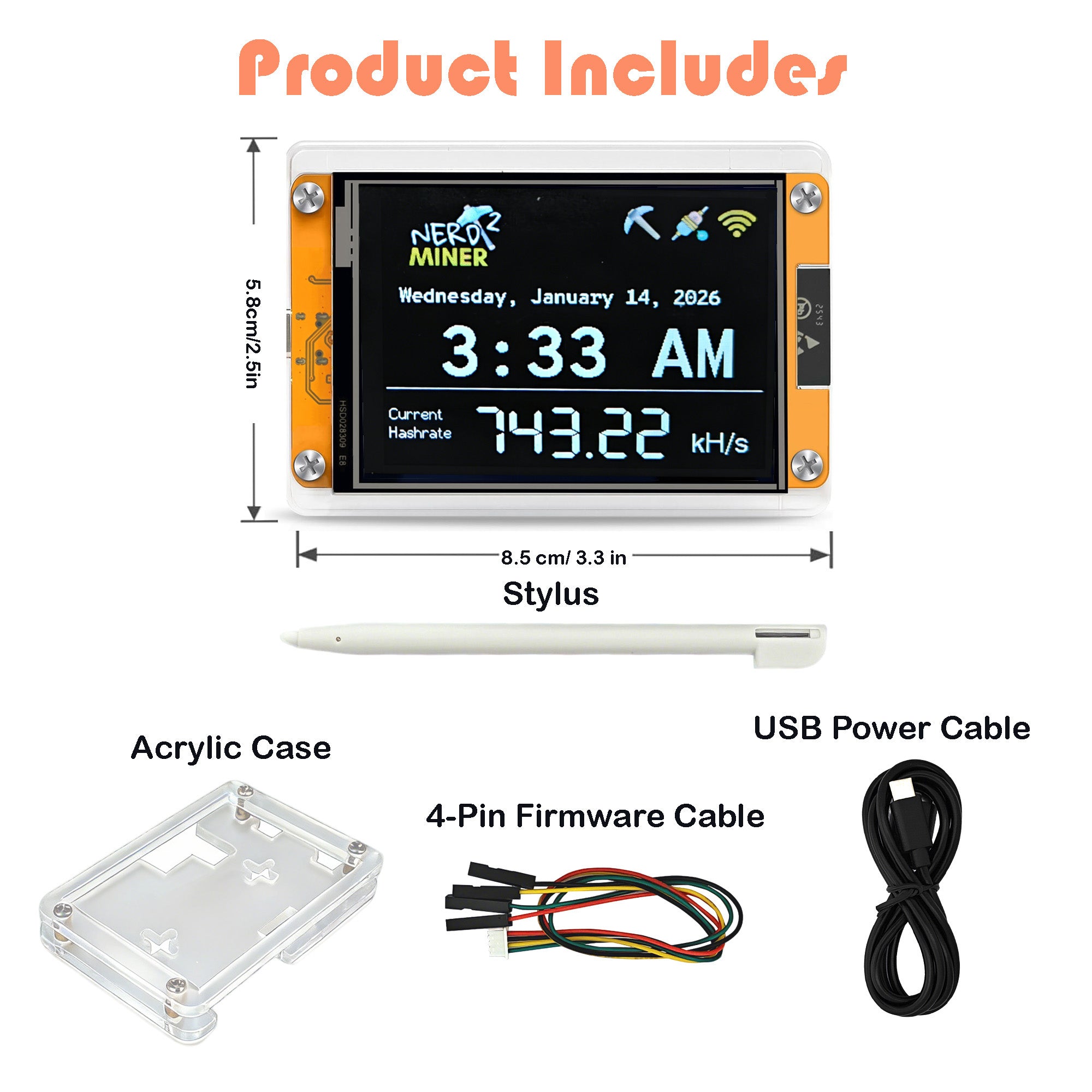 Bitcoin Miner NerdMiner V2 Solo Lottery Miner 740KH/s Hashrate with 2.8" Touchscreen Display ESP32 Development Board USB Plug and Play Crypto BTC Mining Machine - Yellow