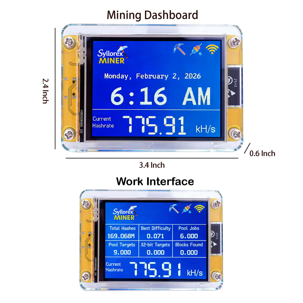 Syllorex Bitcoin Solo Miner 770KH/s ESP32 2.8" Display Mini Bitcoin Lottery Miner Crypto Miner Machine 2.4G WIFI USB Plug & Play Desktop Bitcoin Mining Kit for Educational Learning